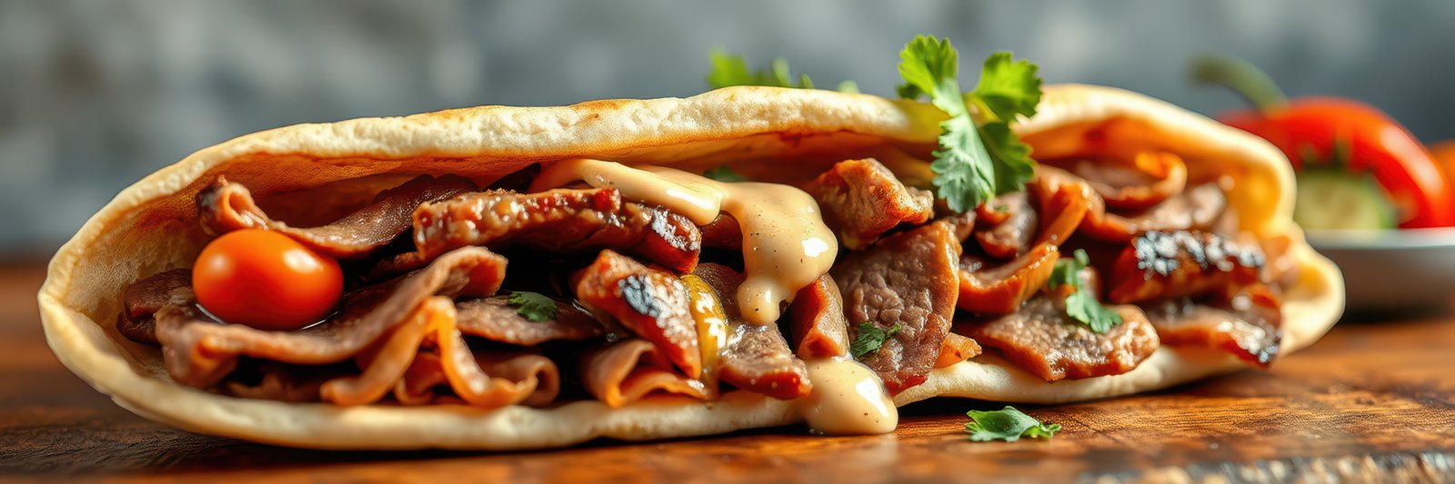 Delicious grilled beef wrap with fresh ingredients served on wooden table